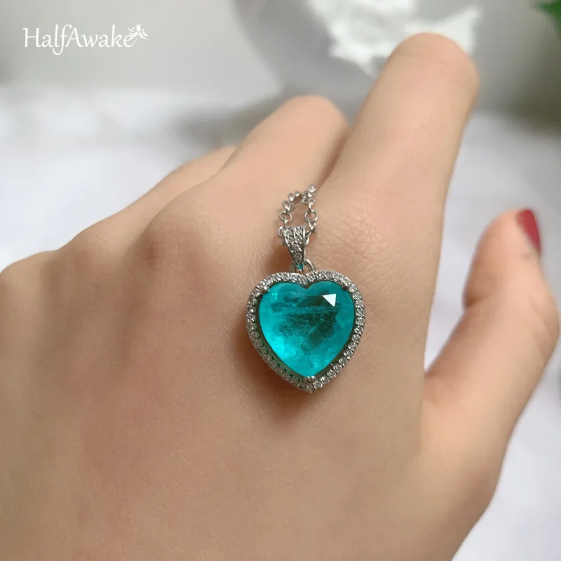 Romantic Lab Created Heart Emerald Paraiba Tourmaline Pendant Necklace Chain Luxury Jewelry Valentine's Day Gift