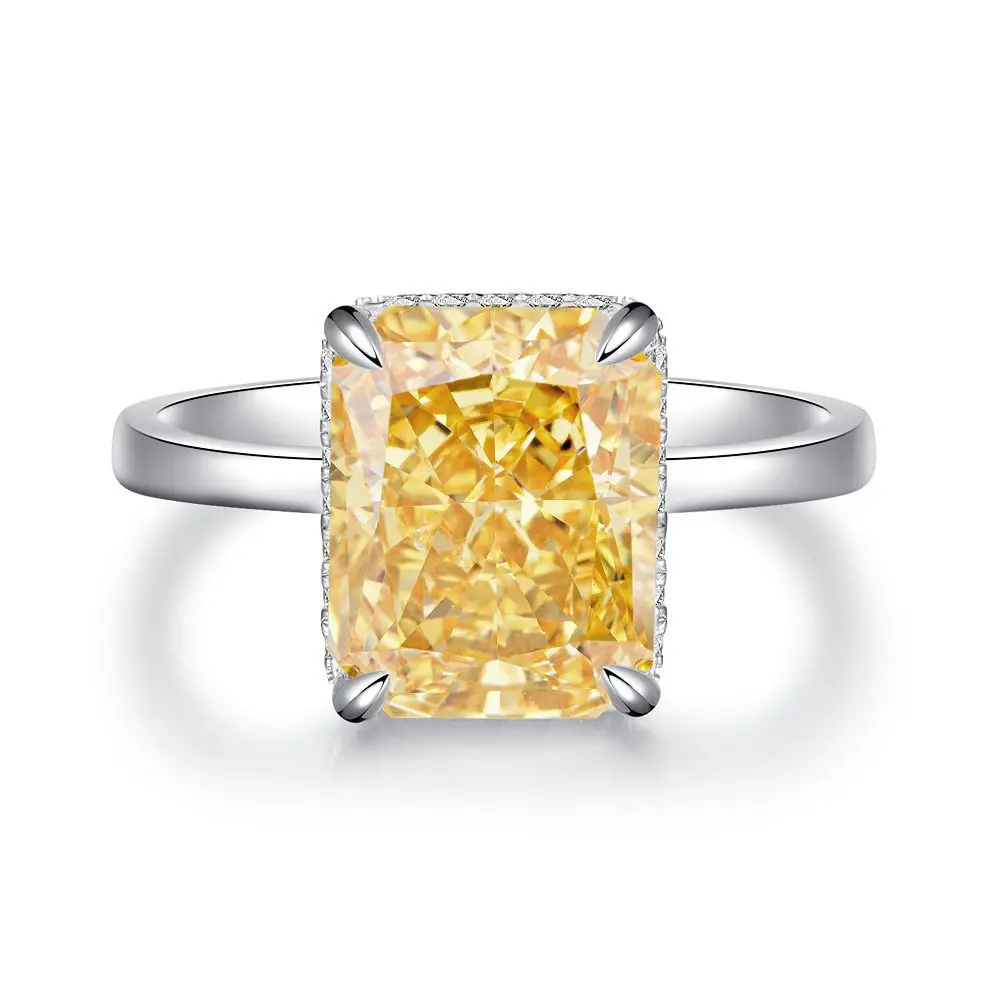 Yellow 5A Zircon S925 Sterling Silver Square Radiant Cut Ring For Women Girl Ice Flowers Wedding Ring Luxury Fine Jewelry Gift