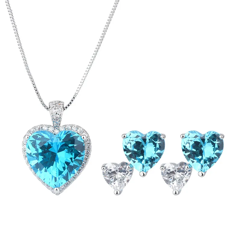 gold-plated Sweet Heart Pendant Necklace Earrings Set Emerald Palaiba Gemstone Luxury Jewelry For Women 15*15-9*9 Charm Zricon