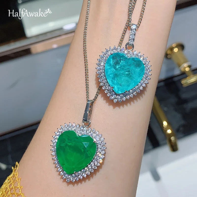 Romantic Lab Created Heart Emerald Paraiba Tourmaline Pendant Necklace Chain Luxury Jewelry Valentine's Day Gift
