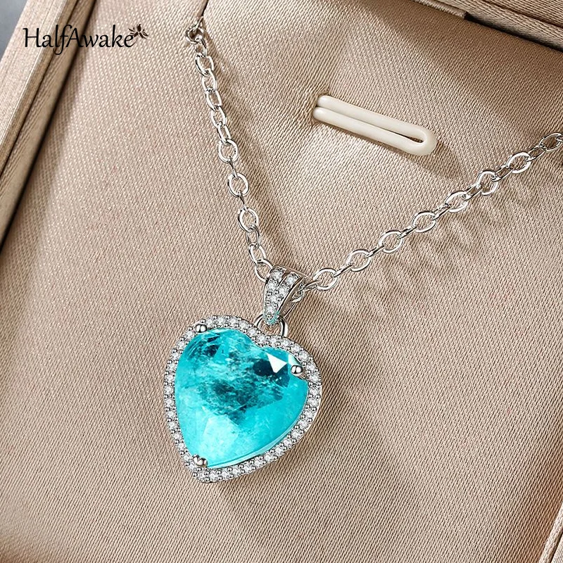 Romantic Lab Created Heart Emerald Paraiba Tourmaline Pendant Necklace Chain Luxury Jewelry Valentine's Day Gift