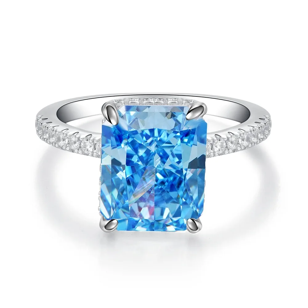 Oval Blue Gemstone Ring S925 Sterling Silver Fine Jewelry For Women Girl Emerald Cut  Lab Grown 5A Zircon High Carbon Diamond
