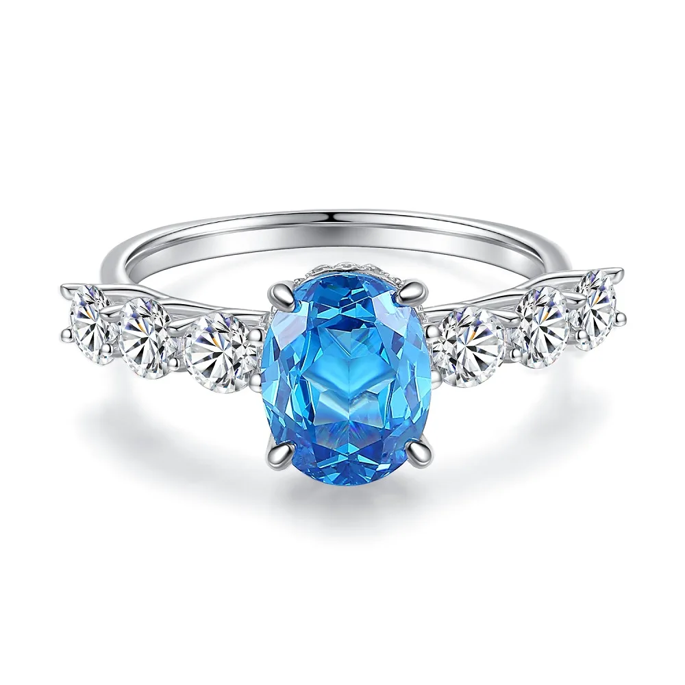 Oval Blue Gemstone Ring S925 Sterling Silver Fine Jewelry For Women Girl Emerald Cut  Lab Grown 5A Zircon High Carbon Diamond