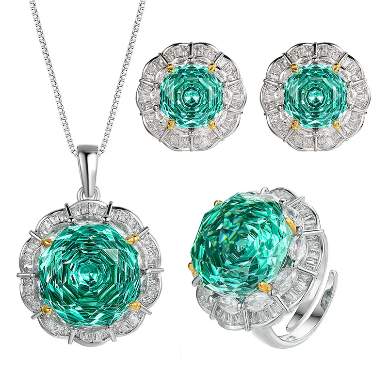 Rose Cut 16-10mm High Quality Zircon Para Green White Gold Plated Elegant Luxury Jewelry Set Bridal Wedding Trendy Statement
