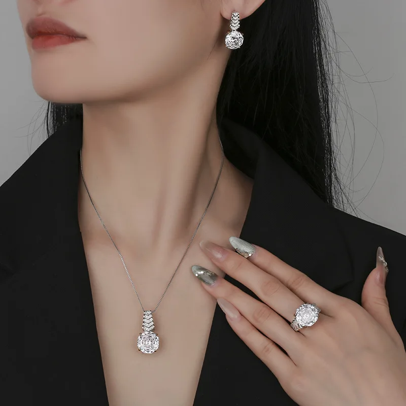 Rose Cut 14-12mm High Quality Zircon White Diamond White Gold Plated Jewelry Set Stackable Daily Trendy
