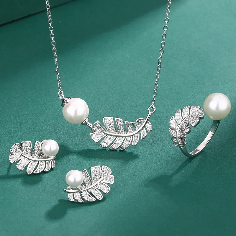 Beautiful Jewelry Pearl Pendant S925 Silver Needle Feather Pearl Earrings Luxury Zircon Rings Personality Charm Mothers Day Gift