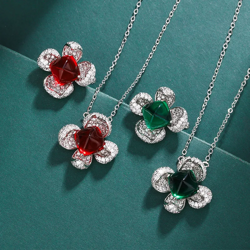 Jewelry Ruby Flower Emerald Necklace Crystal Zircon Necklace Ring Princess Temperament Jewelry Set For Women Gift Personality