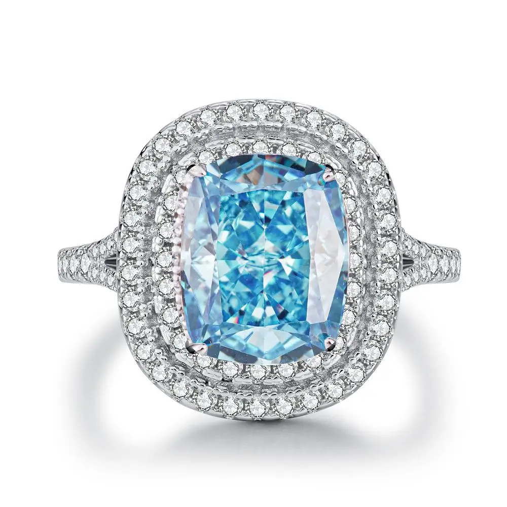 Oval Blue Gemstone Ring S925 Sterling Silver Fine Jewelry For Women Girl Emerald Cut  Lab Grown 5A Zircon High Carbon Diamond