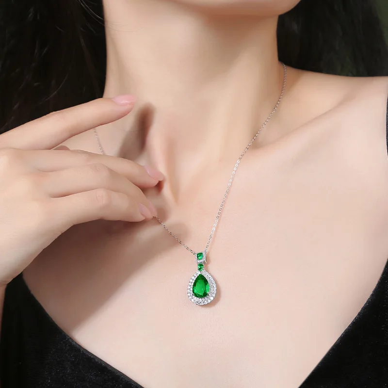 Elegant Lab Created Drop Emerald Pendant S925 Sterling Silver Necklace For Women 50cm Luxury Designer Jewelry Temperament Gift