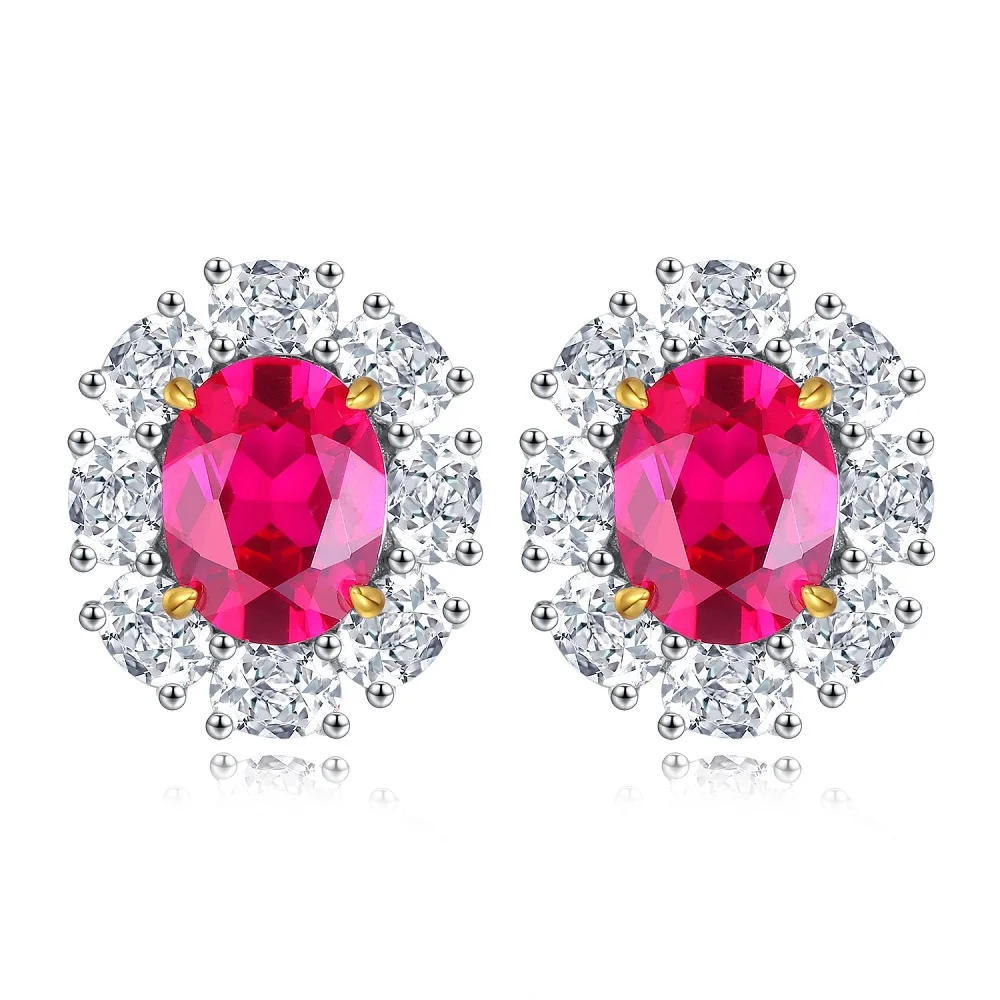 S925 Sterling Silver Earring Stud For Women's Sapphire Pink High Carbon Diamond Jewelry Round  Ruby Emerald Gemstone Charm Party