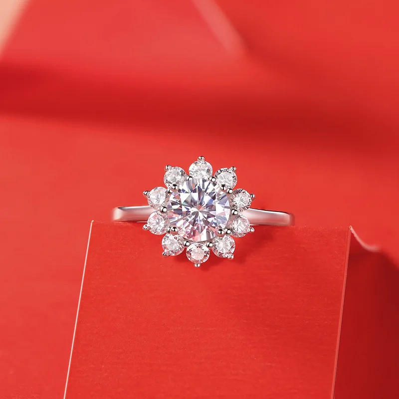 Dainty Sun Flower 1ct Moissanite Ring For Women Popular S925 Sterling Silver Adjustable Engagement Wedding Luxury Jewelry