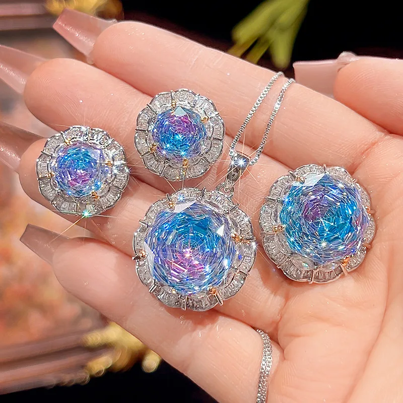 Rose Cut 16-10mm High Quality Zircon Gradient White Gold Plated Elegant Jewelry Set Bridal Wedding Fashion