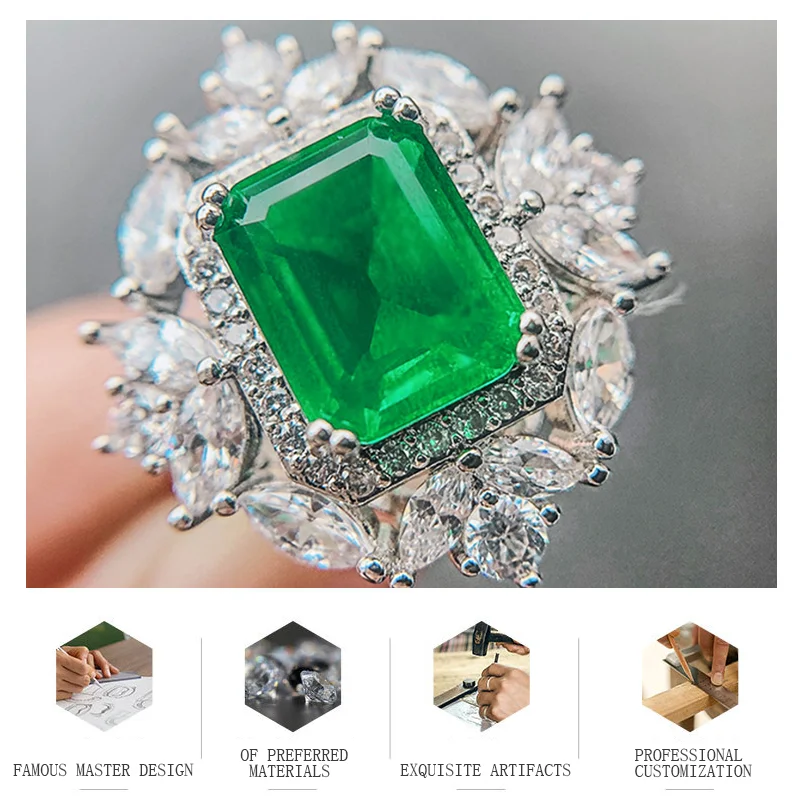 Vintage Emerald Jewelry Sets Zircon Dainty Necklace Chain With Pendant Drop Earrings Antique Ring For Women Wedding Anniversary