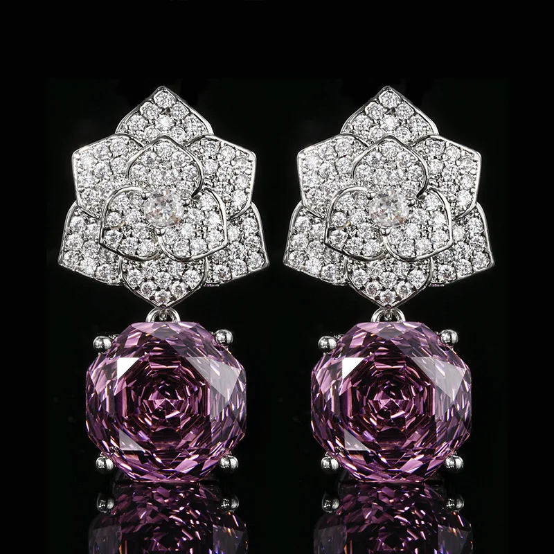 Rose Cut 12mm High Quality Zircon Violet Petal Pendant White Gold Plated Jewelry Set Wedding Party Fashion