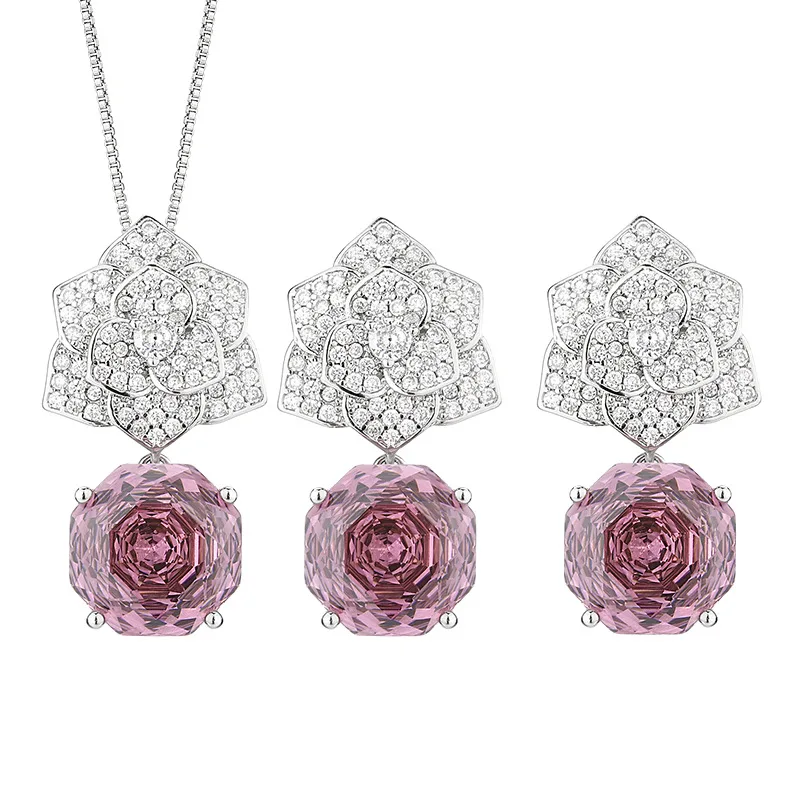 Rose Cut 12mm High Quality Zircon Violet Petal Pendant White Gold Plated Jewelry Set Wedding Party Fashion