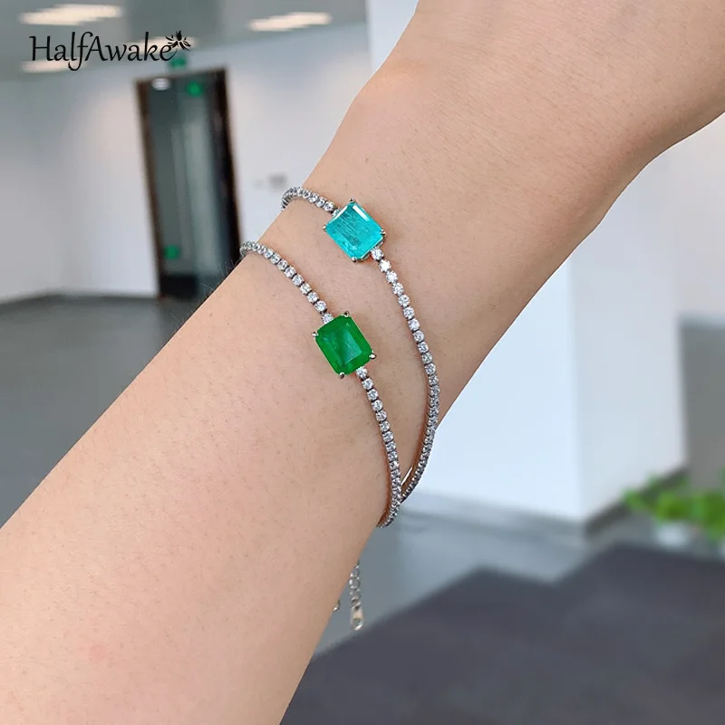 Paraiba Emerald Gemstone Charm Tennis Bracelet For Women Sterling Silver copper alloy Zircon Bangles New Trend Jewelry Girl Gift
