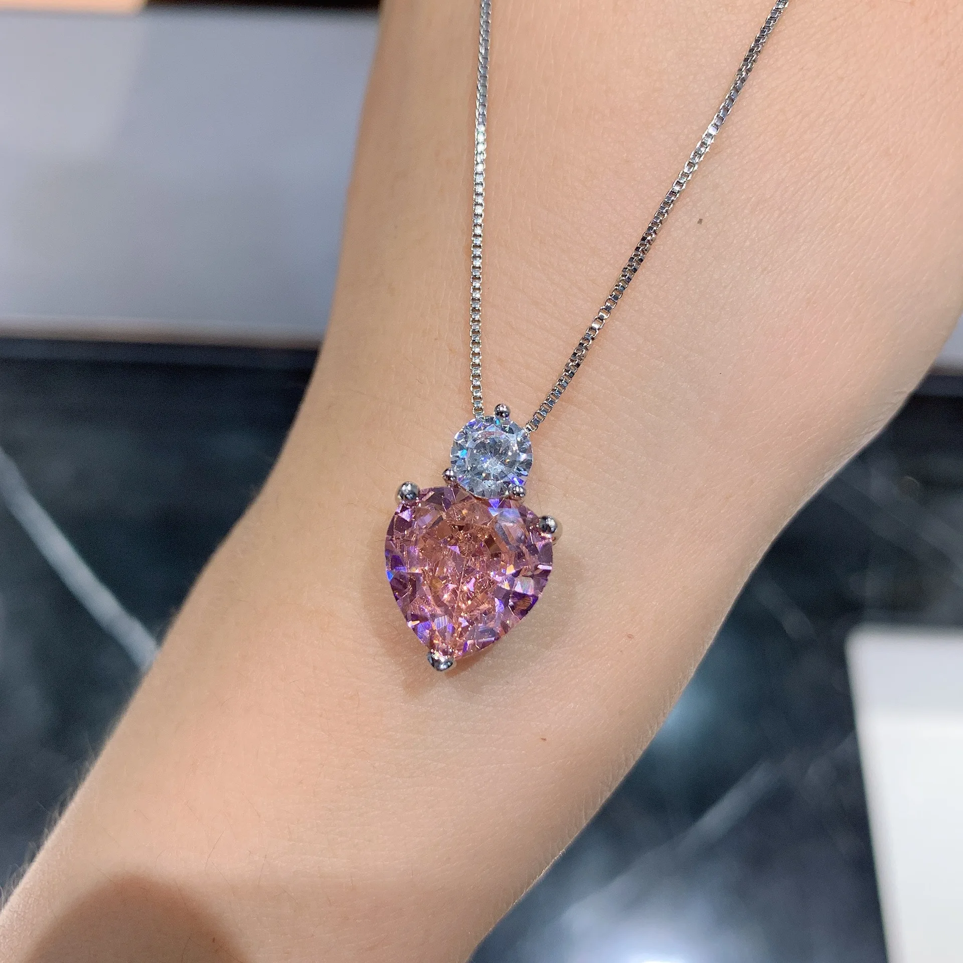 Romantic Pink Heart High Carbon Diamond S925 Silver Jewelry Set Pendant Necklace Earrings For Women Luxury Valentine's Day Gift