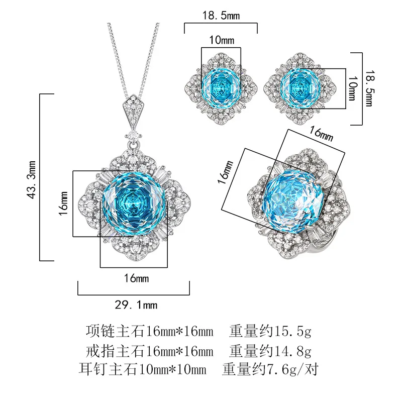 Millennium Cut 16-10mm High Quality Zircon Aqua Blue White Gold Plated Elegant Jewelry Set Party Trendy