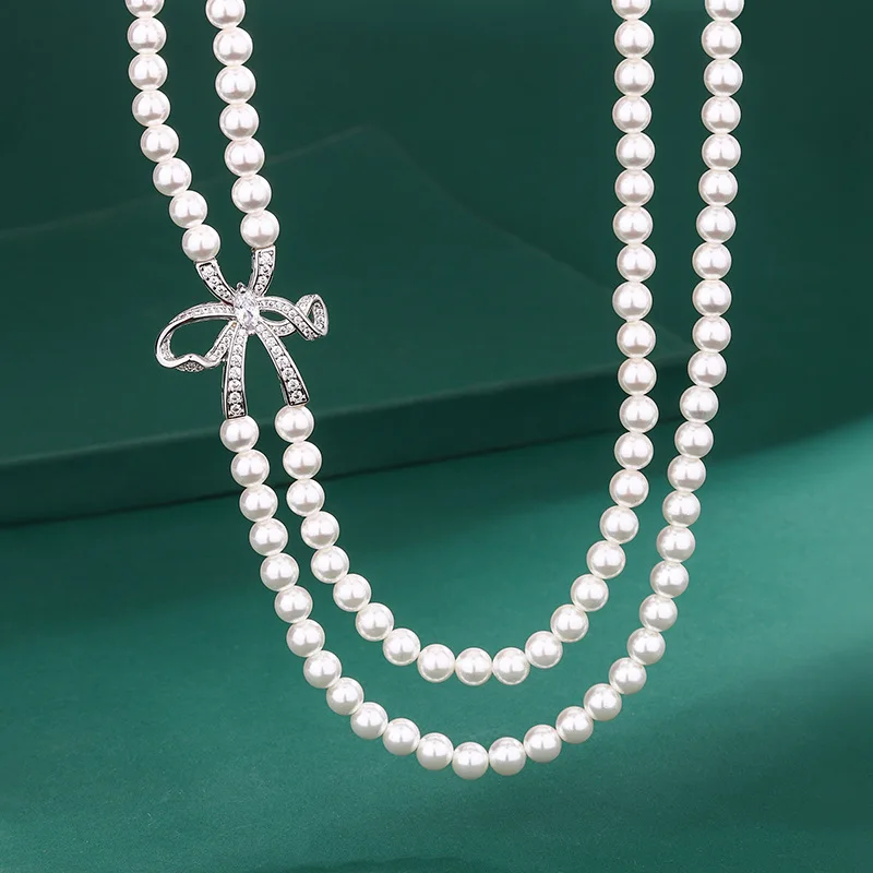 Elegant Artificial Pearl Luxury Jewelry Set For Women Bowknot Silver Alloy Necklace Earrings Popular Engagement Wedding