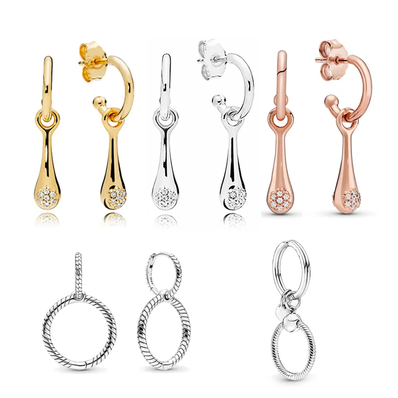 Silver Plated Copper Alloy Jewelry Luxury Rose Gold  Cubic Zirconia Moments Charm Double Hoop Earrings For Women Piercing Free Shipping New In