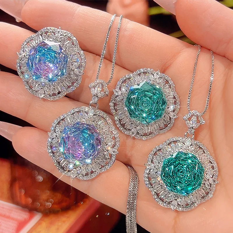 Rose Cut 14mm High Quality Zircon Color Gemstone White Gold Plated Fashion Jewelry Set Daily Trendy