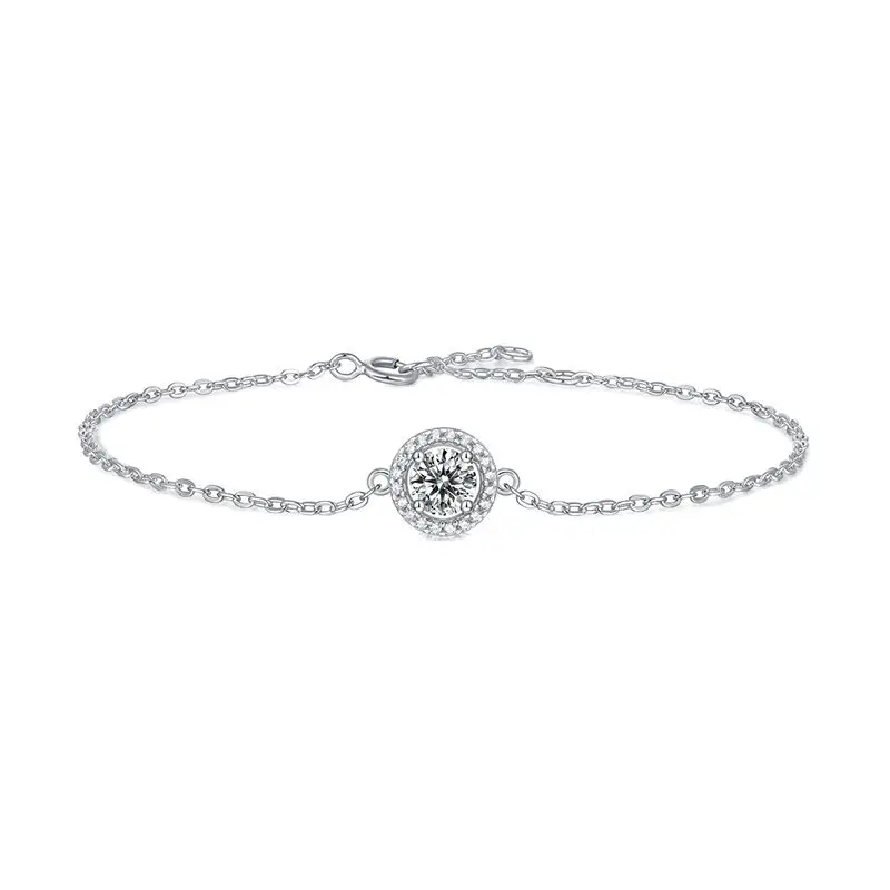 Brilliant 0.5ct Halo Round Cut Moissanite 17-20cm 925 Sterling Silver Original Bracelet For Women Popular Valentine's Gift