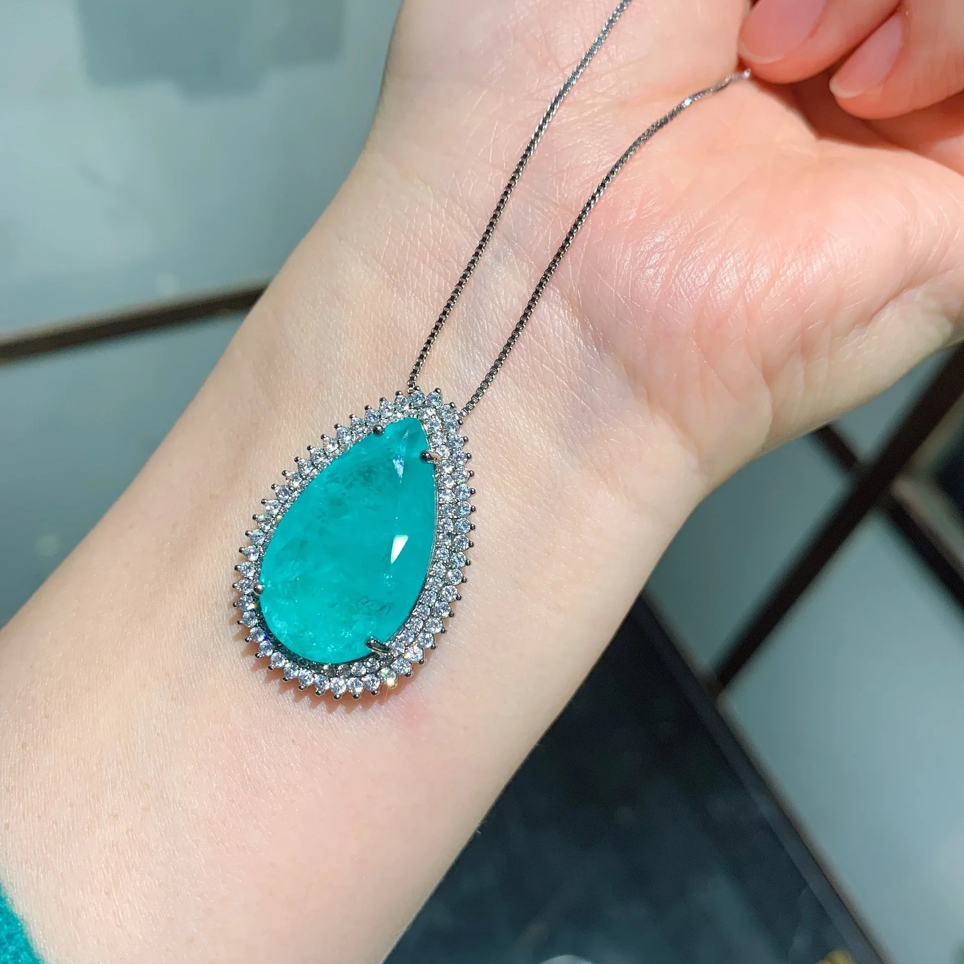 Graceful Drop Paraiba Tourmaline Set For Women Necklace Stud Earrings S925 Sterling Silver Jewelry Anniversary Gift Girlfriend