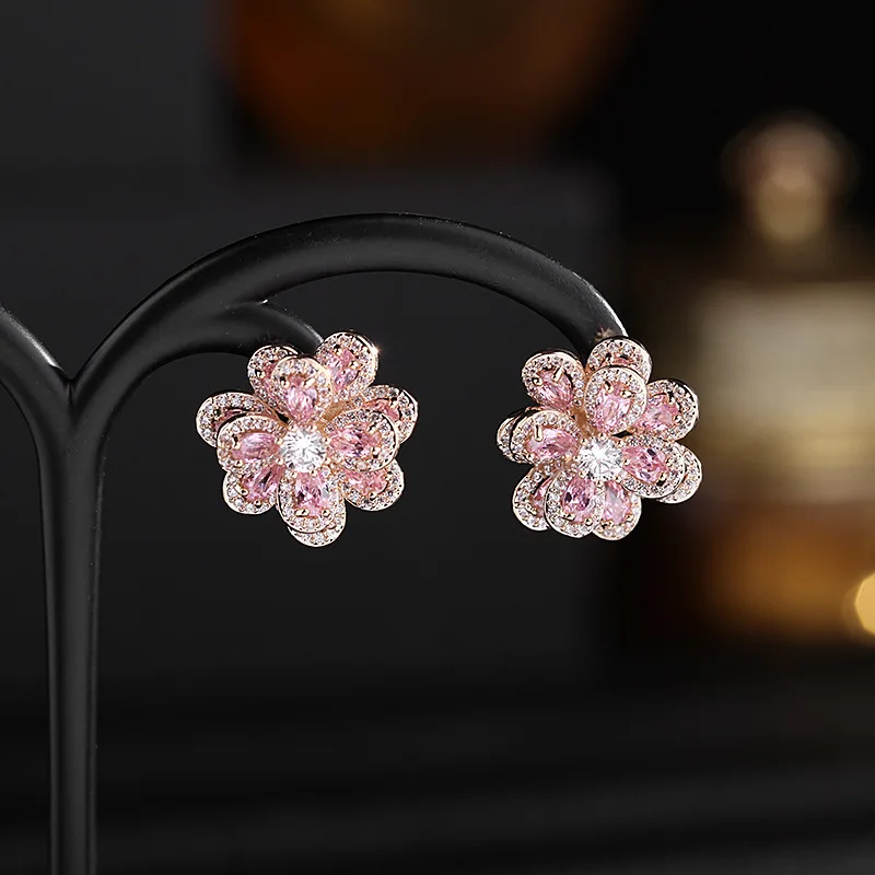 Double Layers Color Zircon Flower Earrings For Women Female Wedding Engagement Real Ag Needle HQD Stud Earrings New Trend