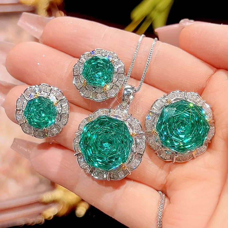 Rose Cut 16-10mm High Quality Zircon Para Green White Gold Plated Elegant Luxury Jewelry Set Bridal Wedding Trendy Statement