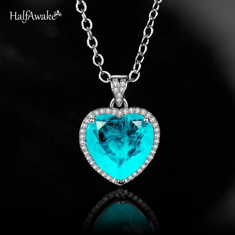 Romantic Lab Created Heart Emerald Paraiba Tourmaline Pendant Necklace Chain Luxury Jewelry Valentine's Day Gift