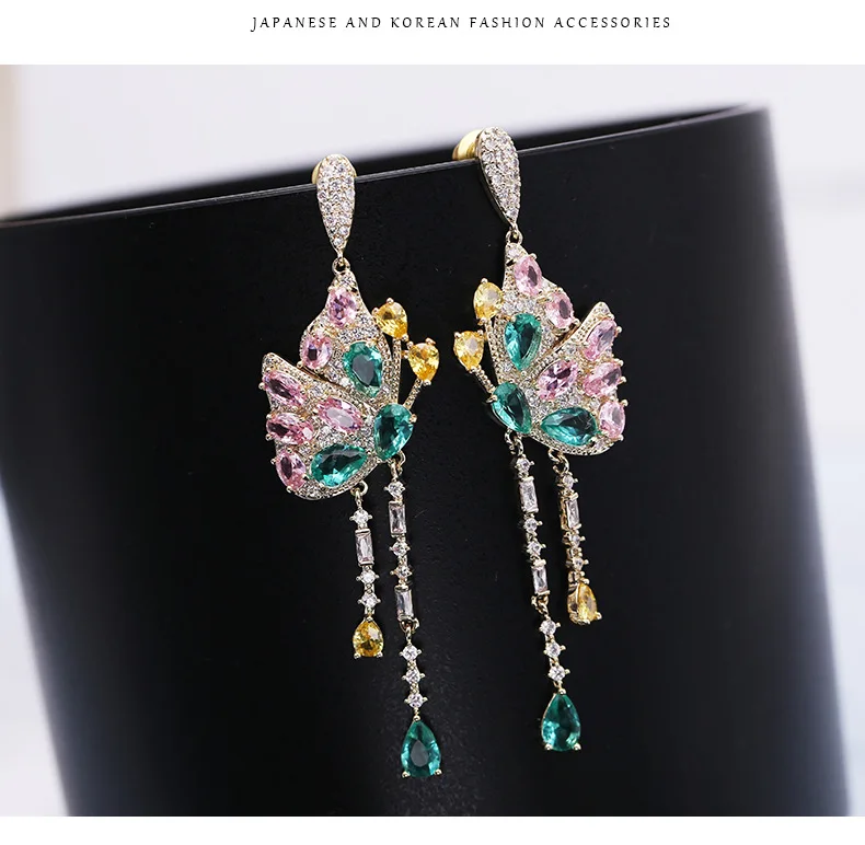 Ethnic Style Colorful Zircon Butterfly Earrings For Women Ladies Wedding Evening Dinner Long Tassel Silver Plated Needle Jewelry