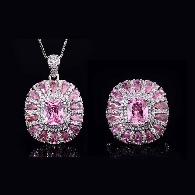 Sparkling Lab Created 7*9mm Sapphire Ruby Pink High Carbon Diamond Jewelry Set For Women Necklace Ring Engagement Wedding Luxury