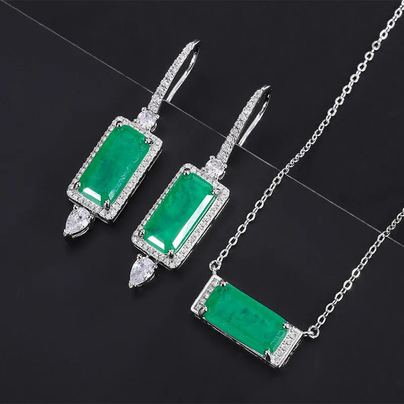 Paraiba Pendant Earrings Zircon Necklace Emerald Chain Gemstone Jewelry Set For Women Charm Luxury Elegance Banquet Party Gift