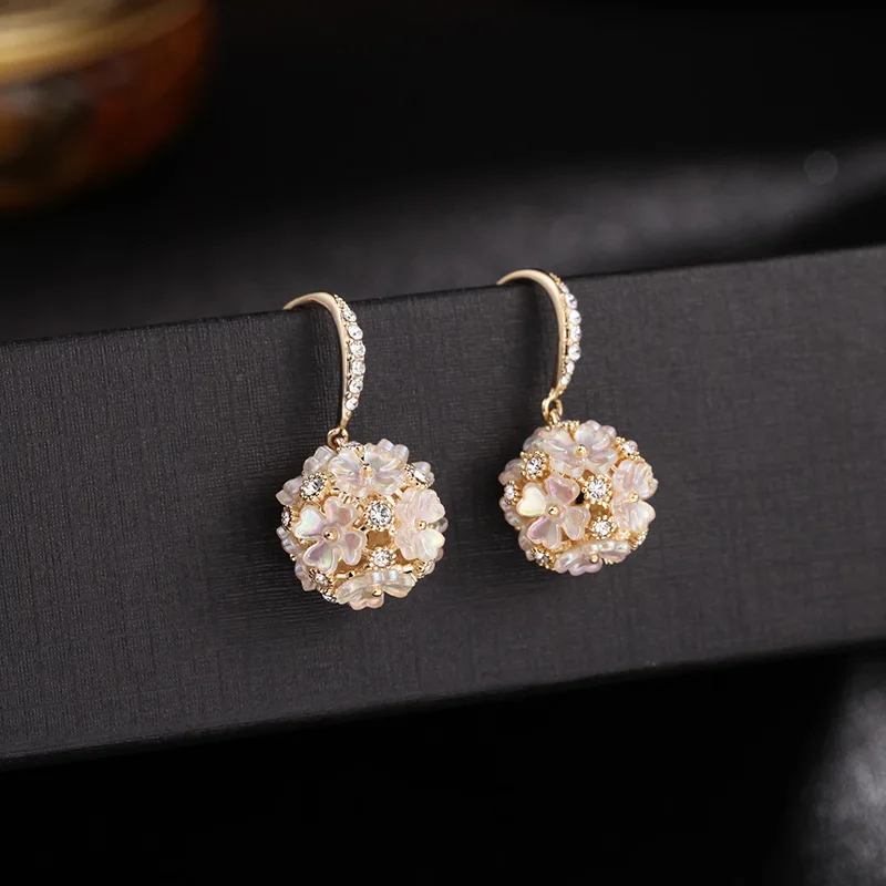 Korean Cute Flower Ball 925 Silver Needle Earrings For Women Girl Wedding Engagement OL Zircon Shell Drop Earrings New Trend