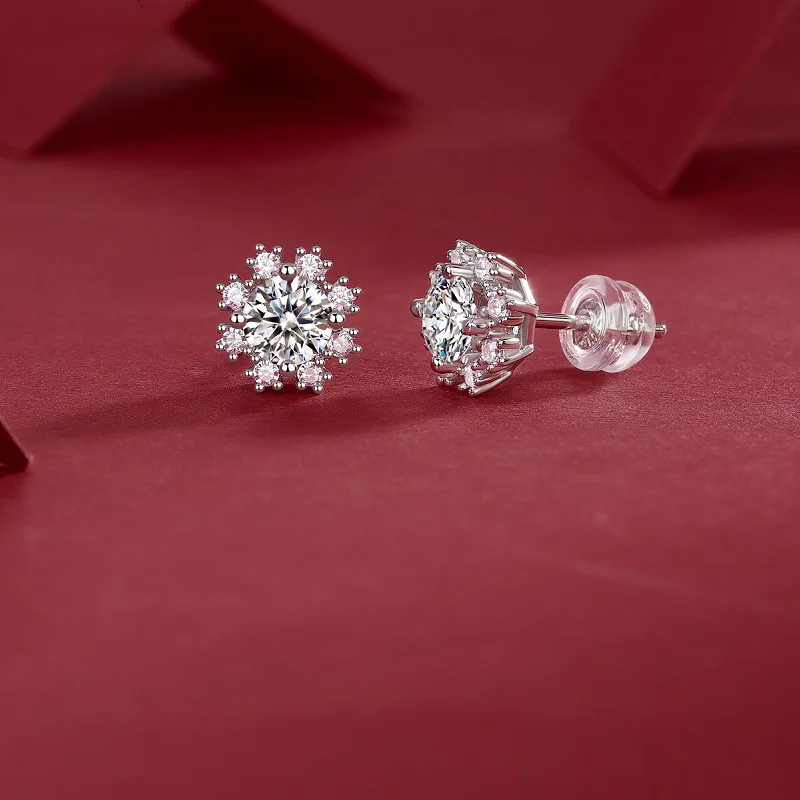 Elegant Four Claw Snowflake Moissanite Stud Earrings For Women S925 Sterling Silver Original Certified Anniversary Gift Jewelry