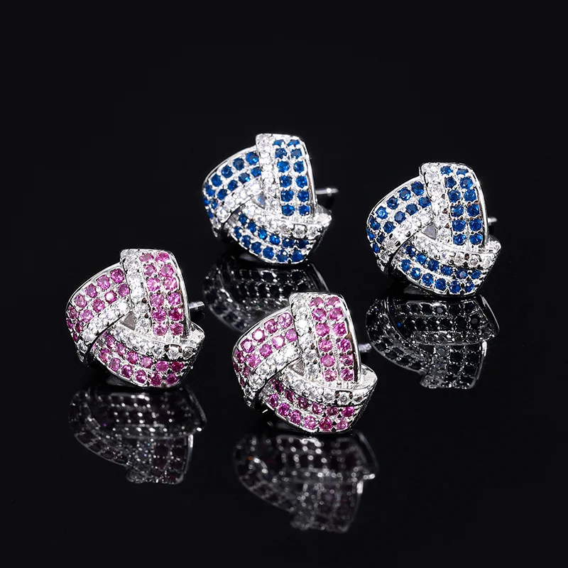 925 Sterling Silver Light Luxury Women's Earrings Geometric Design Sense Colorful Treasure Radiant Sea Blue Inlaid Diamond Gift