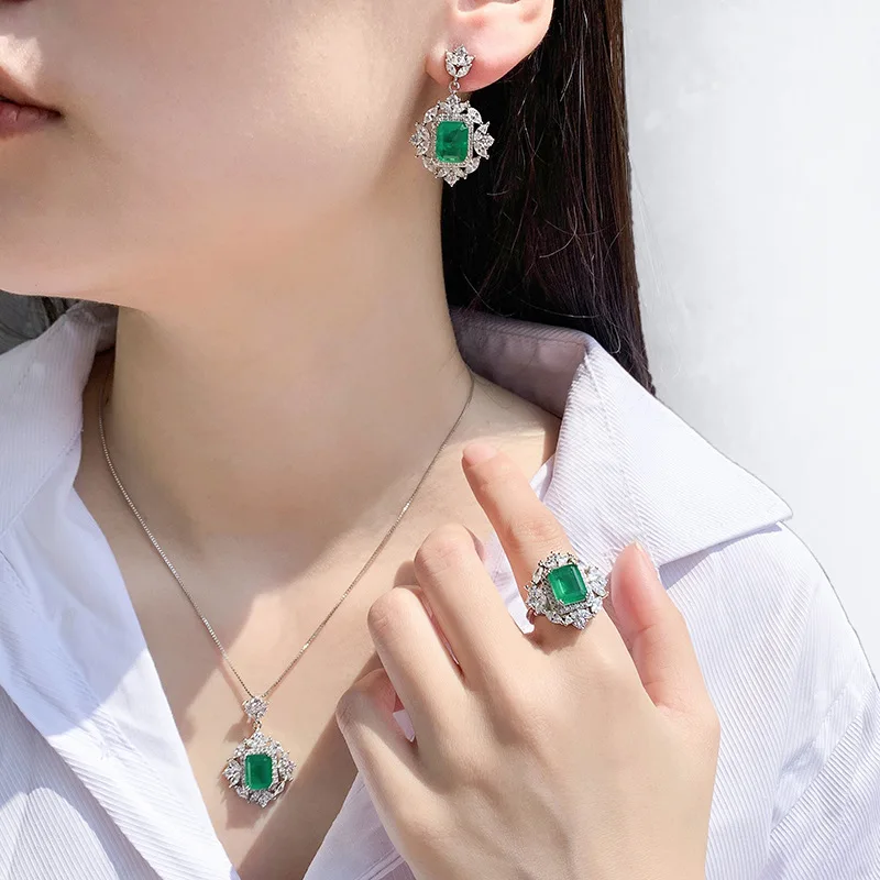 Vintage Emerald Jewelry Sets Zircon Dainty Necklace Chain With Pendant Drop Earrings Antique Ring For Women Wedding Anniversary