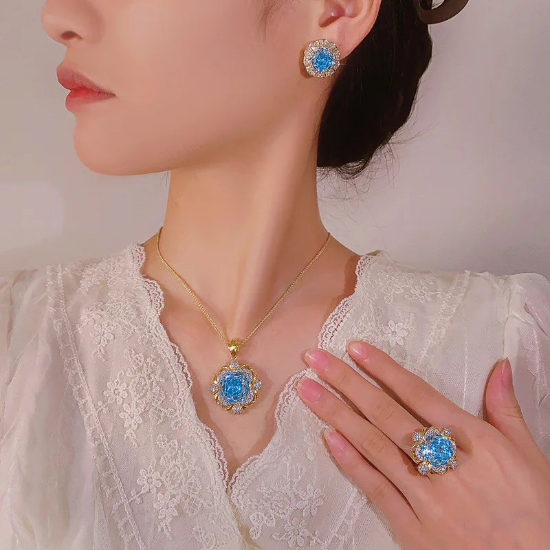 Aqua 16-14mm High Quality Zircon Vintage Brushed White Gold Plated Luxury Jewelry Set Retro Trendy