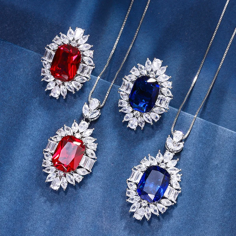 Wedding Jewelry Plating Ruby Sapphire Treasure Fat Rectangular Royal Luxury Retro Set For Women 12*16 Charm Banquet Gift