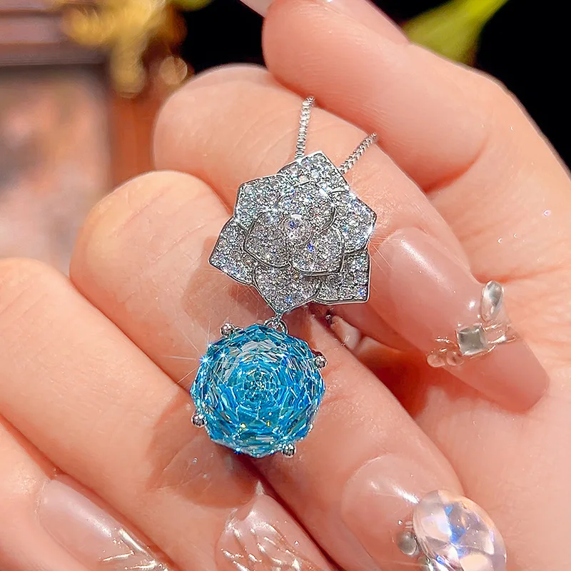 Rose Cut 12mm High Quality Zircon Aqua Petal White Gold Plated Pendant Jewelry Set Bridal Trendy Elegant