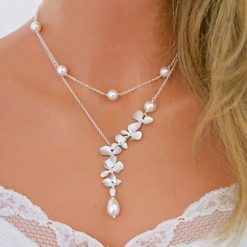 Aesthetic Pearl Necklace Women's 100% Silver Plated Metal Flower Choker Pendant Layered Neck Chains Necklace For Women Girl Gift