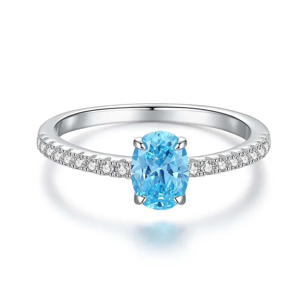 Oval Blue Gemstone Ring S925 Sterling Silver Fine Jewelry For Women Girl Emerald Cut  Lab Grown 5A Zircon High Carbon Diamond