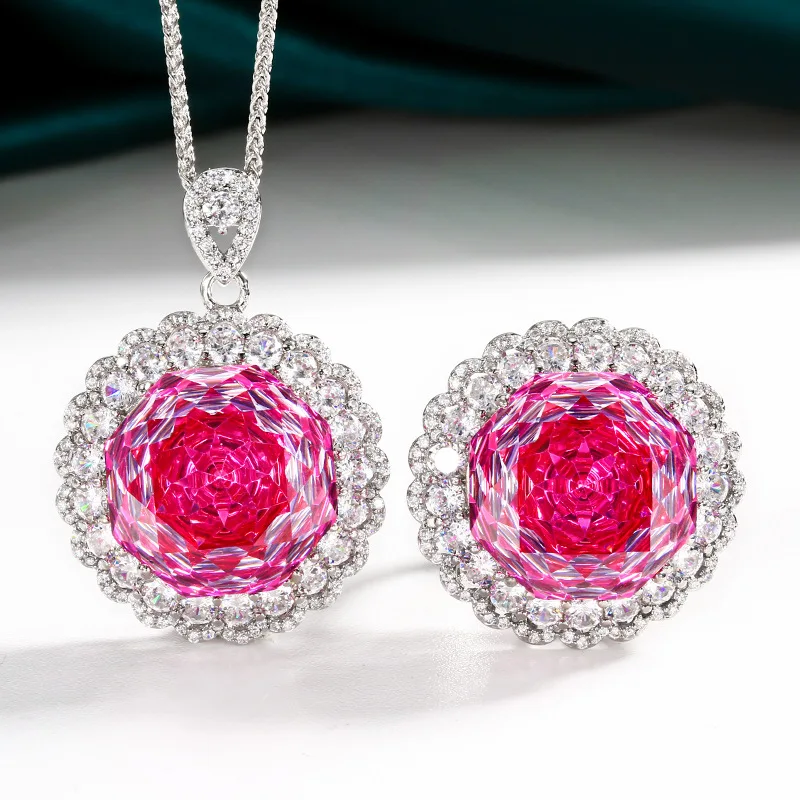 Rose Cut 18mm High Quality Zircon Dragon Fruit Color White Gold Plated Luxury Jewelry Set Bridal Wedding Gift Trendy Elegant