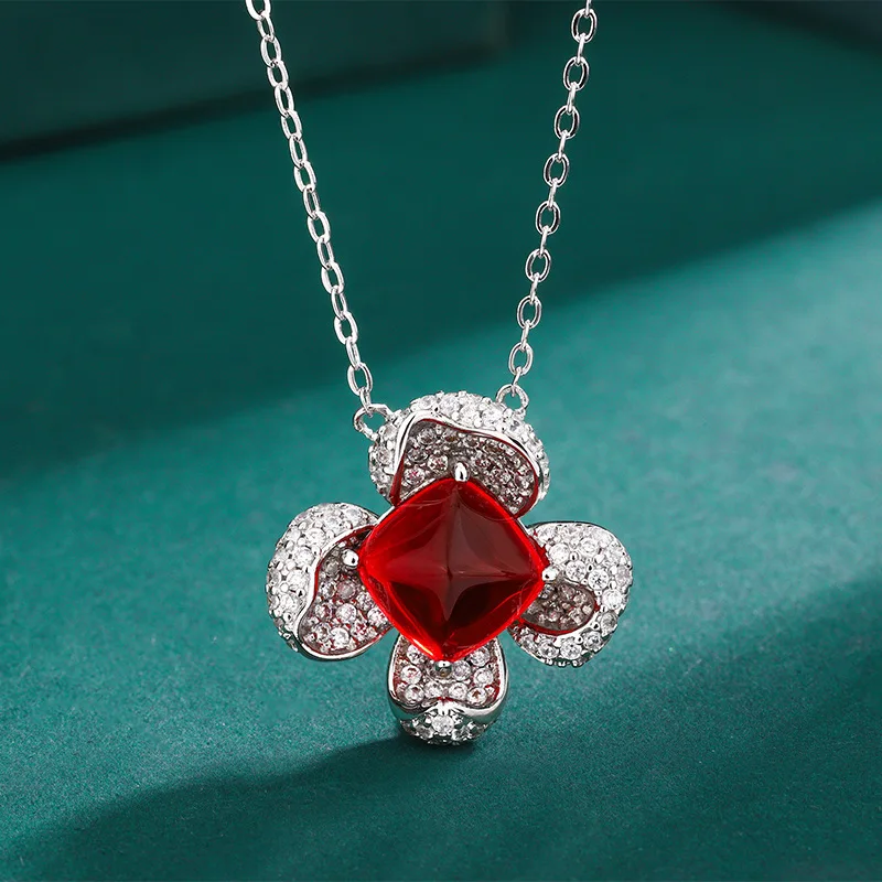 Jewelry Ruby Flower Emerald Necklace Crystal Zircon Necklace Ring Princess Temperament Jewelry Set For Women Gift Personality