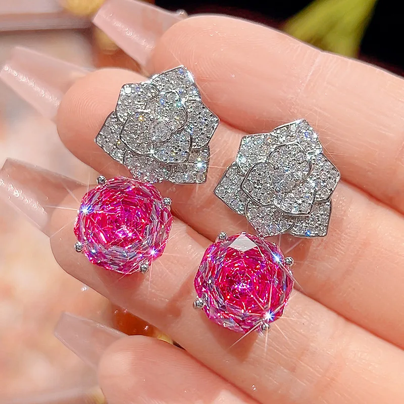 Rose Cut 12mm High Quality Zircon Pink Petal Pendant White Gold Plated Fashion Jewelry Set Best Seller Party Gift Trendy