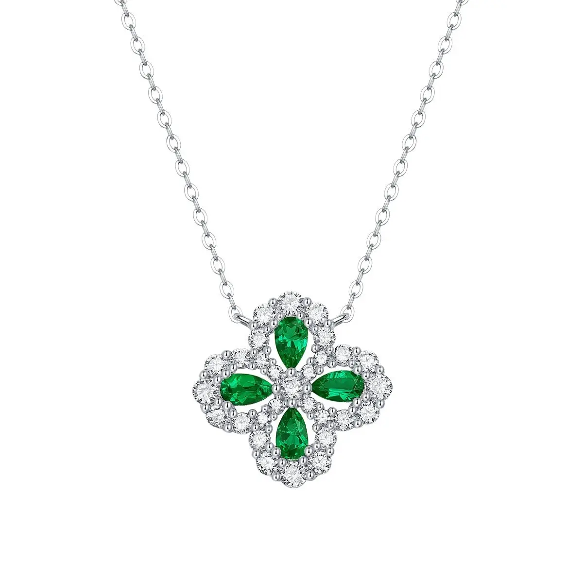 Exquisite Four Leaf Clover Lab Created Emerald Pendant 925 Sterling Silver Women's Neck Chain Lucky Fortune Valentine's Day Gift