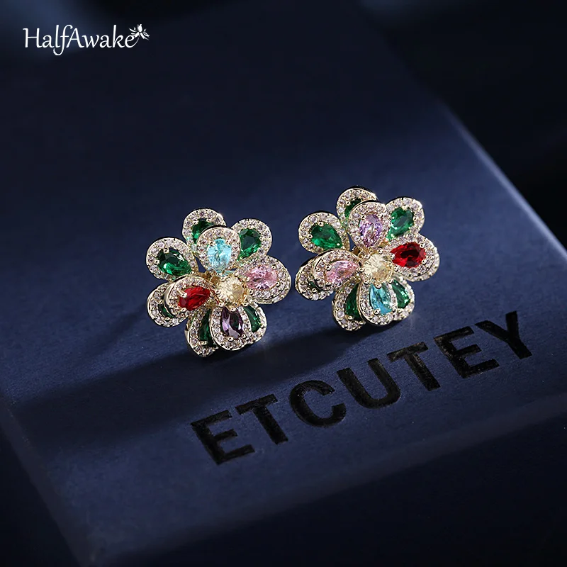 Double Layers Color Zircon Flower Earrings For Women Female Wedding Engagement Real Ag Needle HQD Stud Earrings New Trend