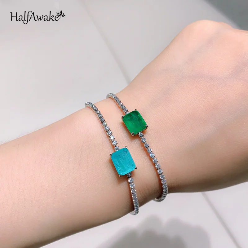 Paraiba Emerald Gemstone Charm Tennis Bracelet For Women Sterling Silver copper alloy Zircon Bangles New Trend Jewelry Girl Gift
