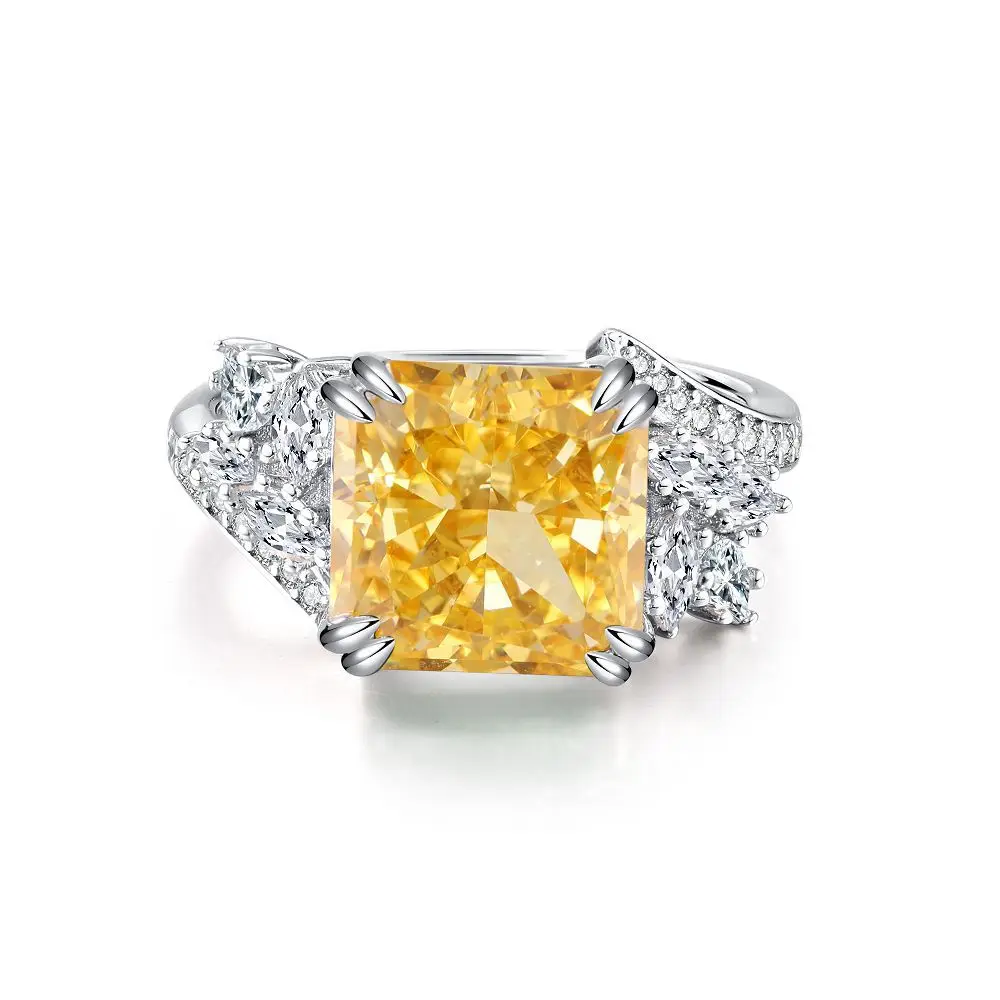 Yellow 5A Zircon S925 Sterling Silver Square Radiant Cut Ring For Women Girl Ice Flowers Wedding Ring Luxury Fine Jewelry Gift