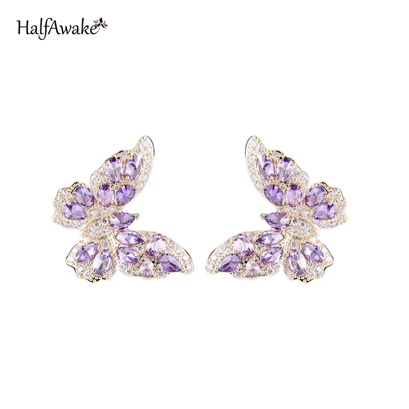 HQD Colorful Zircon Butterfly Earrings For Women Female Real Ag Needle Ear Piercing Party Stud Earrings Beautiful Jewelry